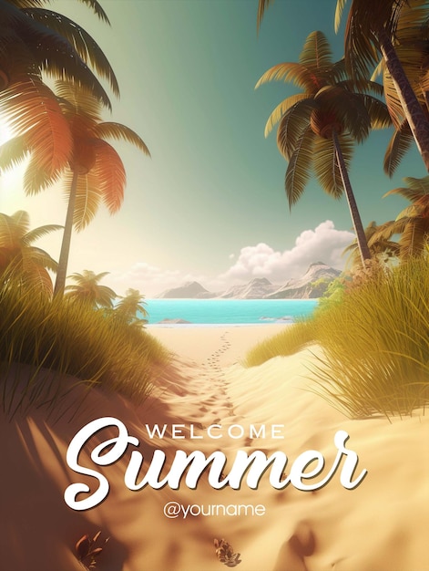 PSD a beach scene with palm trees and the words welcome summer