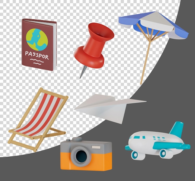 PSD beach travel items 3d render illustration