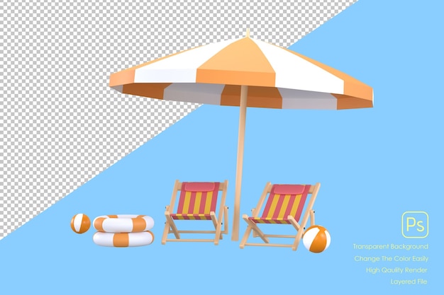 ビーチパラソルビーチボール浮き輪とビーチチェア夏の旅行と休日のコンセプト