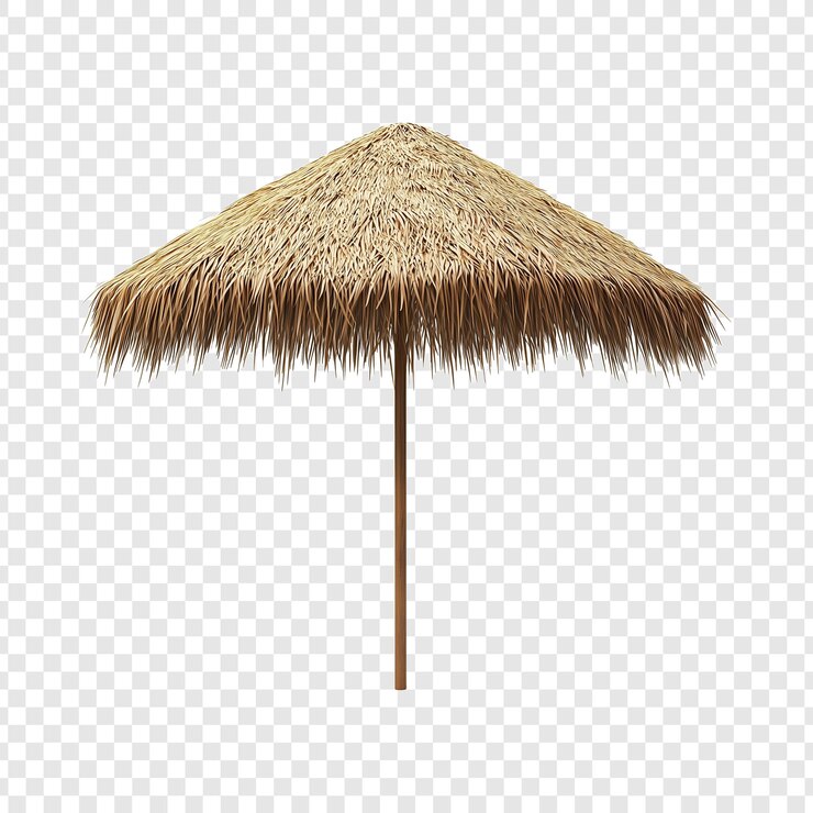 PSD beach umbrella with thatch roof and wooden pole
