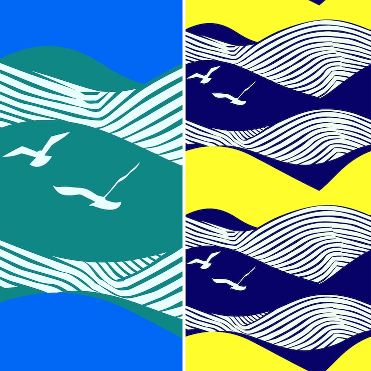 PSD beach waves with seagull silhouette and geometric design wit illustration vector pattern designs