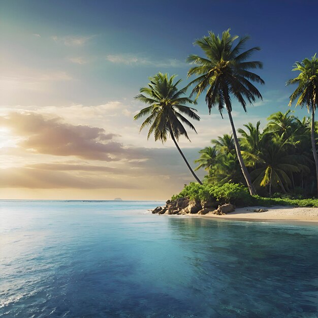 PSD Пляж с ландшафтом океана и пальмами