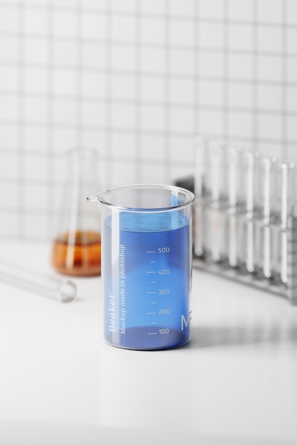 PSD beaker with liquid mockups set with a laboratory backdrop