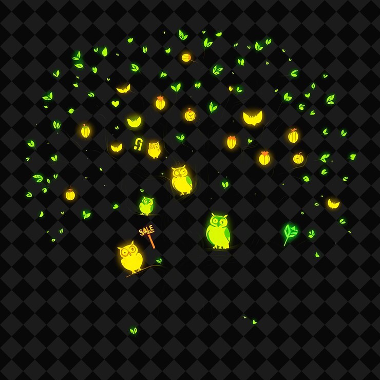 PSD beaming neon enchanted forest inside a silhouette tree landscape with glowing owls sale signs and n
