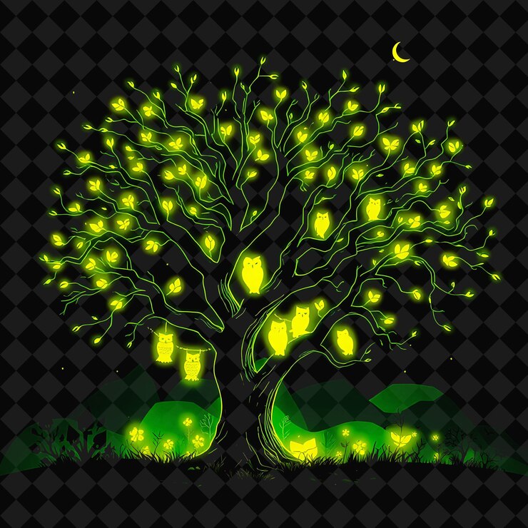 PSD beaming neon enchanted forest inside a silhouette tree landscape with glowing owls sale signs and n