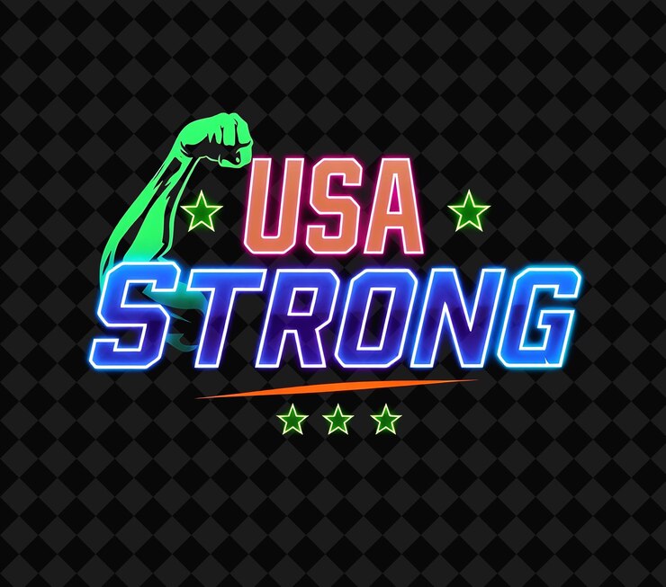 PSD beaming usa strong text shines in neon violet and electric green glowing flexing arm and dynamic s