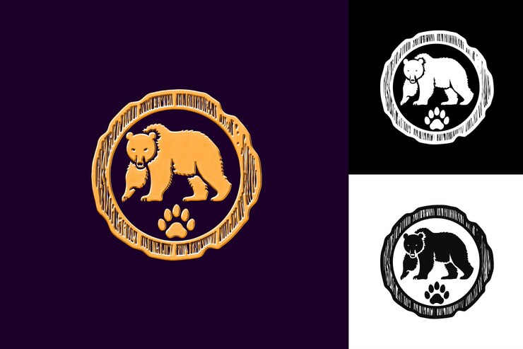 PSD bear icon paw print emblem with wooden border strong bear wi illustration animal vector art design