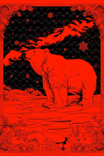 A bear is standing on a hill with a red background with a star on it