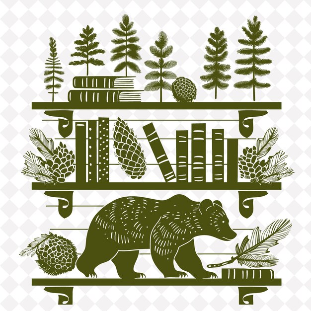 PSD a bear and pine trees on a shelf with a bear on it