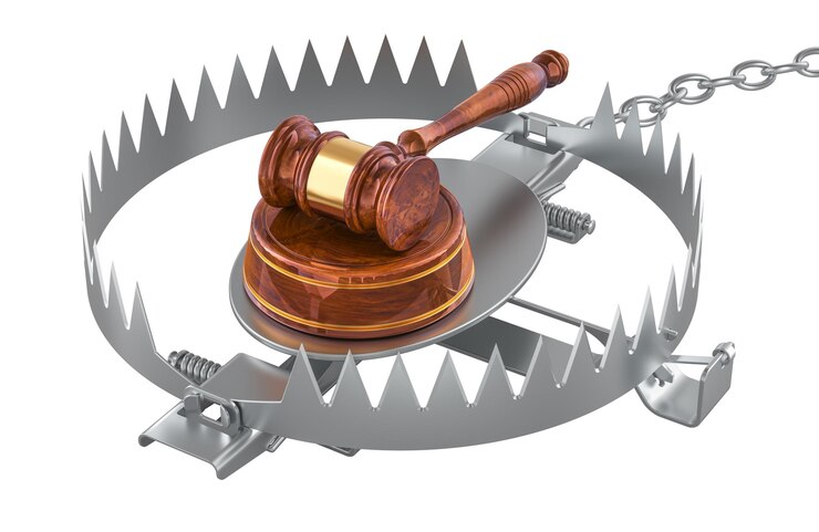 PSD bear trap with wooden gavel 3d rendering isolated on transparent background