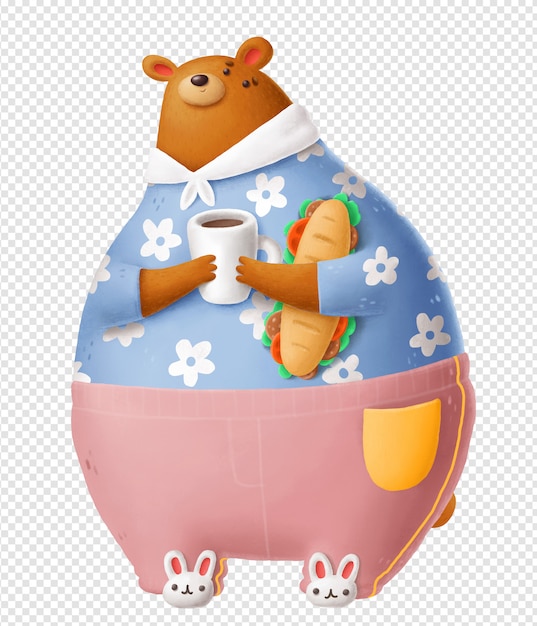 bear with a cup of coffee and a sandwich