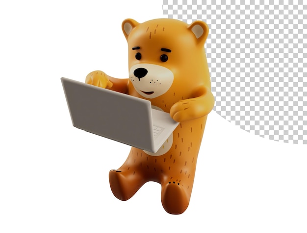 Bear with a laptop realistic 3d cartoon style design 3d render illustration