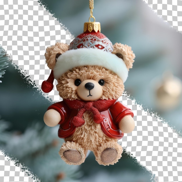 PSD bear with red hat decorating christmas tree transparent background