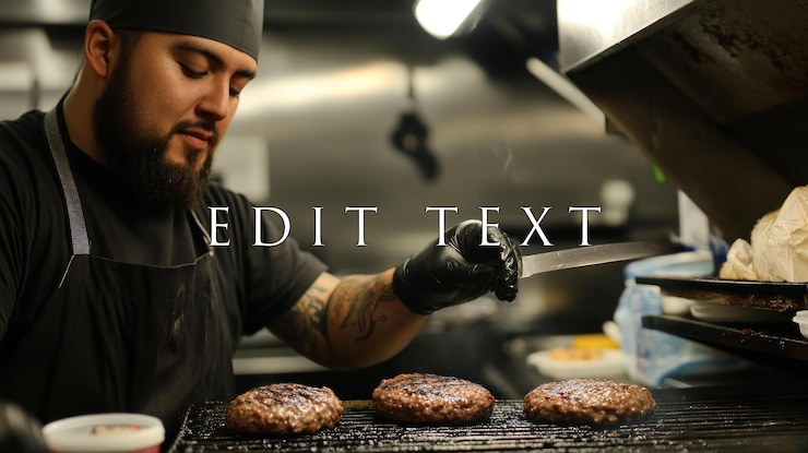 PSD bearded chef grilling three juicy patties on a hot grill in a commercial kitchen