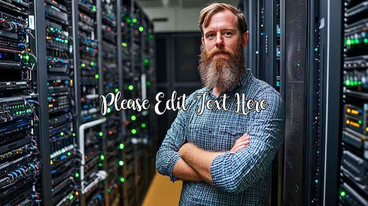 PSD bearded it professional standing confidently in a server room