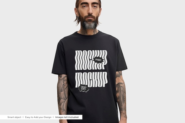 Bearded man wearing a black shirt mockup black t shirt mockup