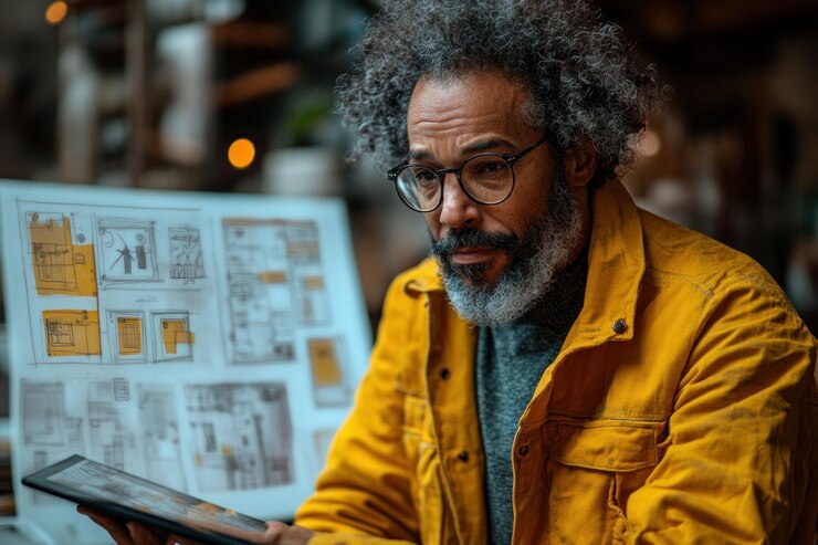 PSD a bearded man with glasses and a yellow jacket looks thoughtfully at a tablet in his hand