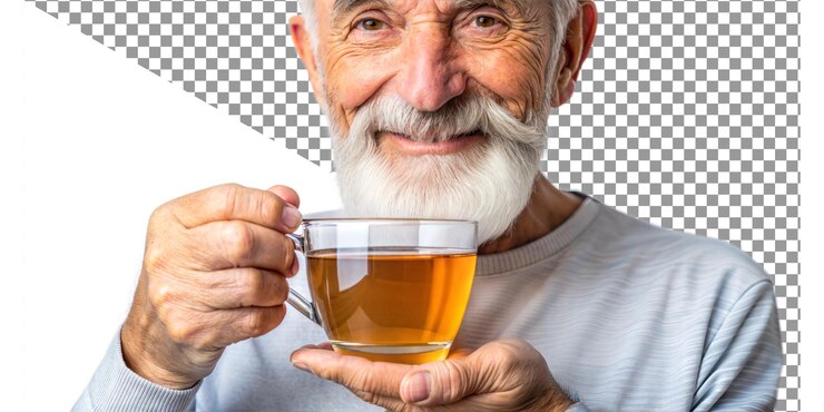 PSD beardige oudere man geniet van een kop thee