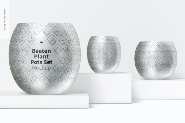 Beaten plant potten set mockup, perspectief