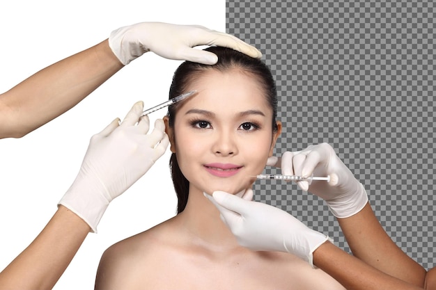 美容師の医師は、隔離された患者の顔の形のスキンケア鼻形成術の鼻を診断します。ボトックスフィラーグロースキンを注入する20代の美しい女性のV字型リフティングフェイス。スタジオ白い背景半身