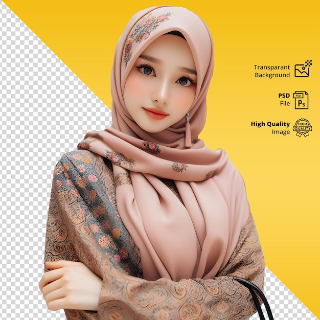 PSD bella ragazza asiatica hijab con sfondo trasparente e vestito elegante