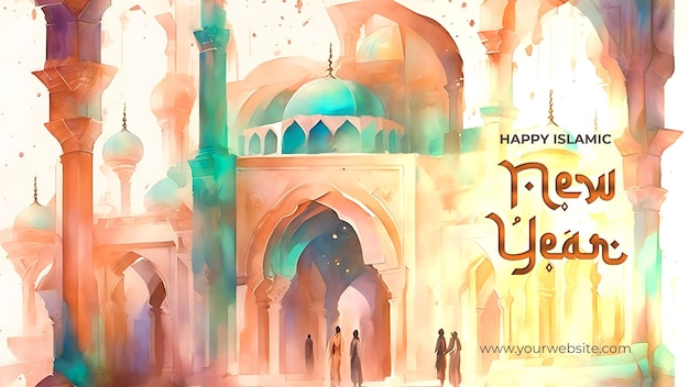 PSD beautiful abstract watercolor illustration of a mesmerizing mosque to celebrate islamic new year