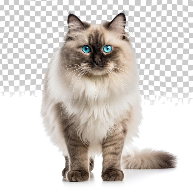 Красивый взрослый норка ragdoll кошка стоит лицом к камере глядя прямо в объектив с завораживающими аква-зелеными глазами одна лапа игриво поднята изолирована на прозрачном фоне