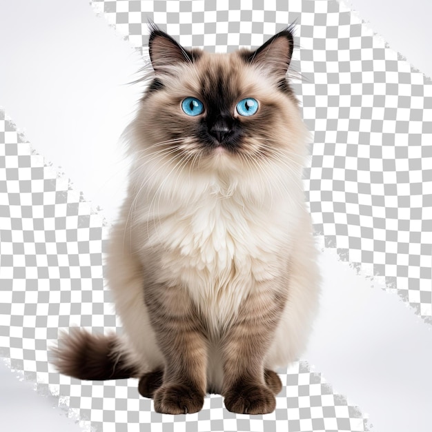 PSD Красивый взрослый норка ragdoll кошка стоит лицом к камере глядя прямо в объектив с завораживающими аква-зелеными глазами одна лапа игриво поднята изолирована на прозрачном фоне