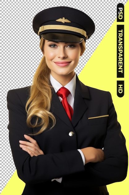 PSD beautiful air hostess crossed arms isolated on transparent background