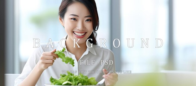 Beautiful asian woman eating vegetable salad concept of healthy living diet