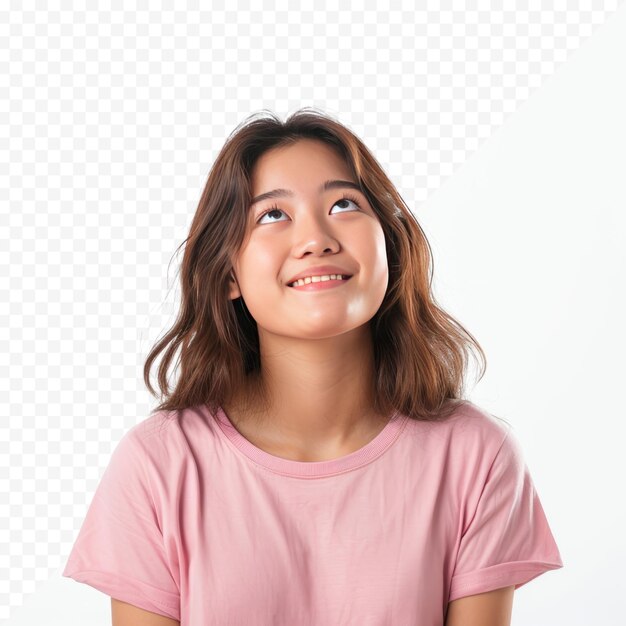 PSD beautiful asian woman look into blank space smiling female wearing pink shirt on isolated white isolated background attractive teenager girl looking at empty space for text feeling excited and