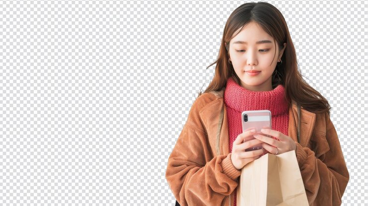 PSD 아름다운 아시아 여성이 패션과 액세서리를 위해 모바일 장치로 온라인 쇼핑합니다.