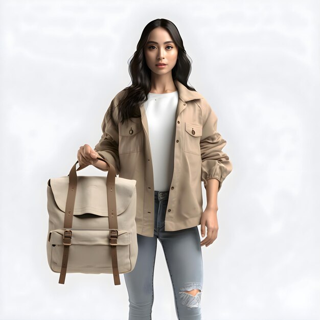 PSD beautiful asian woman with backpack on a white background 3d rendering