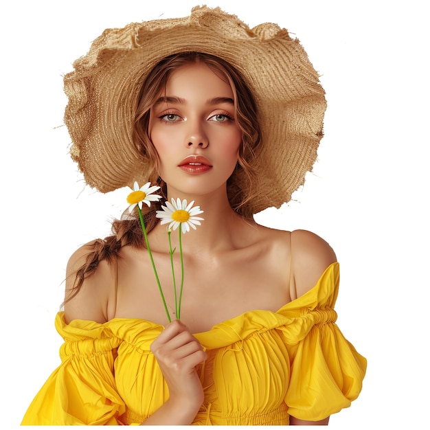 PSD bella donna attraente ed elegante in abito giallo e cappello di paglia con fiore margherita