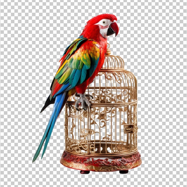 PSD beautiful and awesome parrot in decorated cage on white background