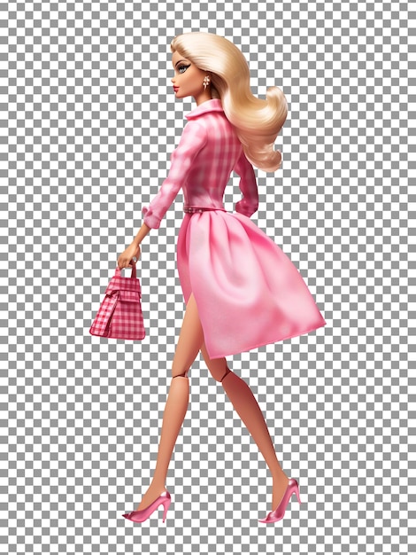 PSD beautiful barbie wearing check cloth and holding bag isolated on transparent background