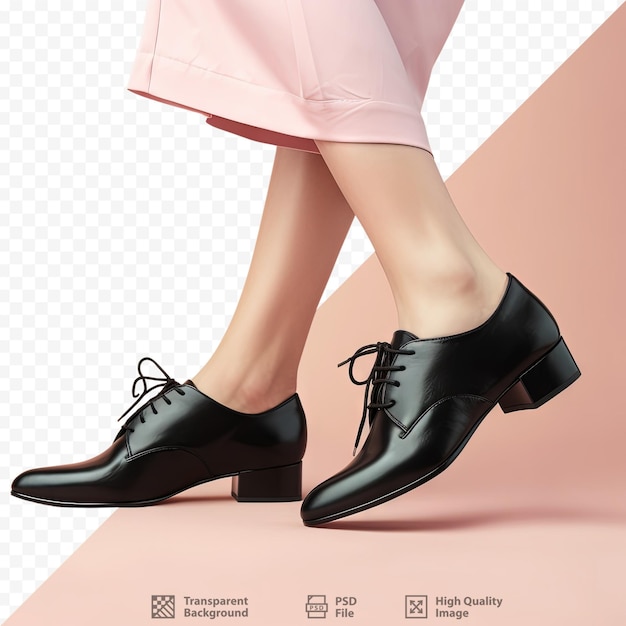 PSD beautiful black leather shoes with lacing photographed on model legs in a studio on a transparent background ideal for catalog