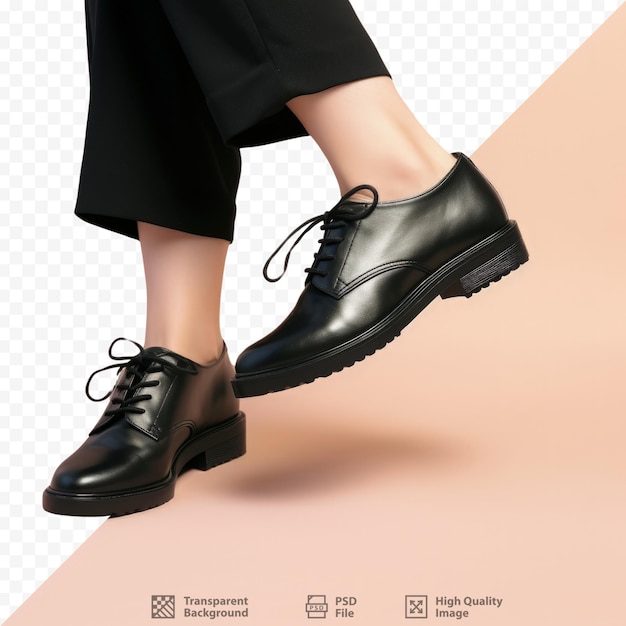 Beautiful black leather shoes with lacing photographed on model legs in a studio on a transparent background ideal for catalog