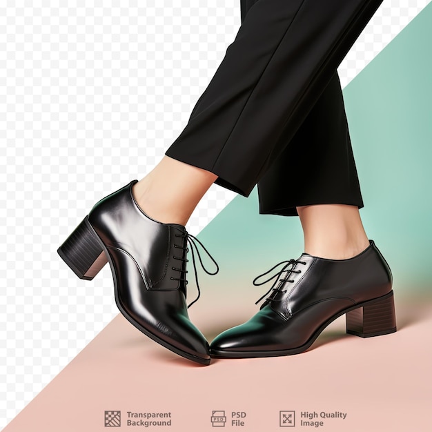 PSD bellissime scarpe in pelle nera con lacci fotografate sulle gambe del modello in uno studio su uno sfondo trasparente ideale per il catalogo