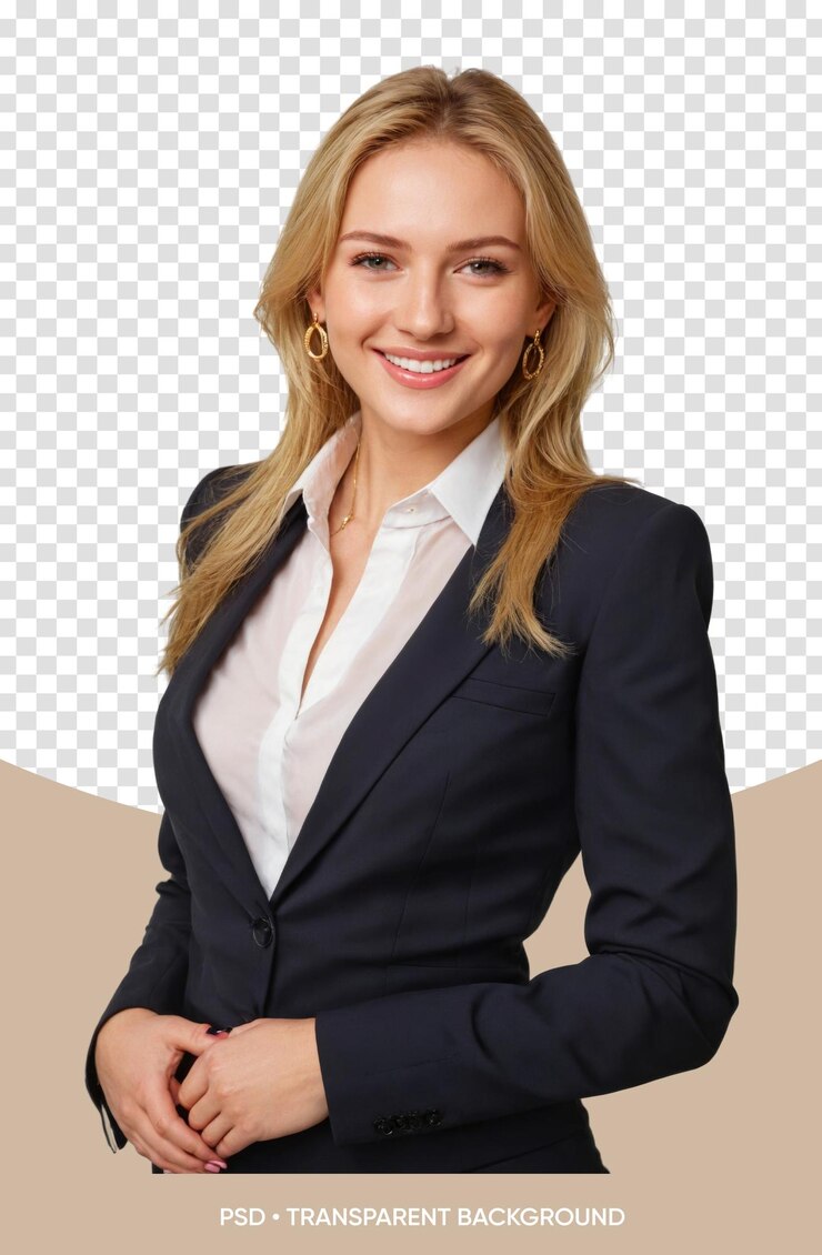 PSD beautiful blond business woman with a big cleavage in business suit in the office