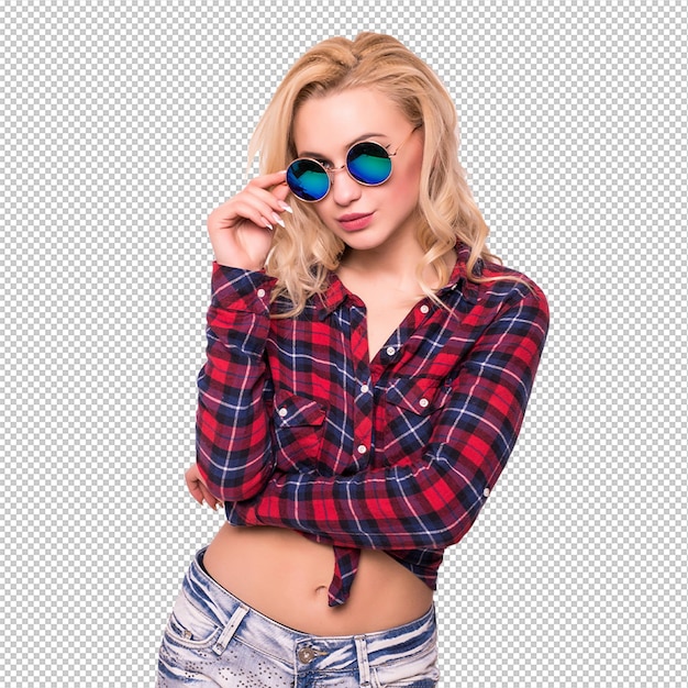 Beautiful blonde girl in jeans red tshirt with professional manicure