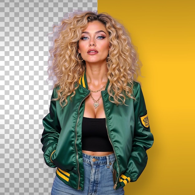 beautiful blonde woman in a green jacket background transparent
