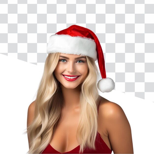 PSD bella donna bionda con un cappello di babbo natale per la celebrazione di natale ragazza bionda