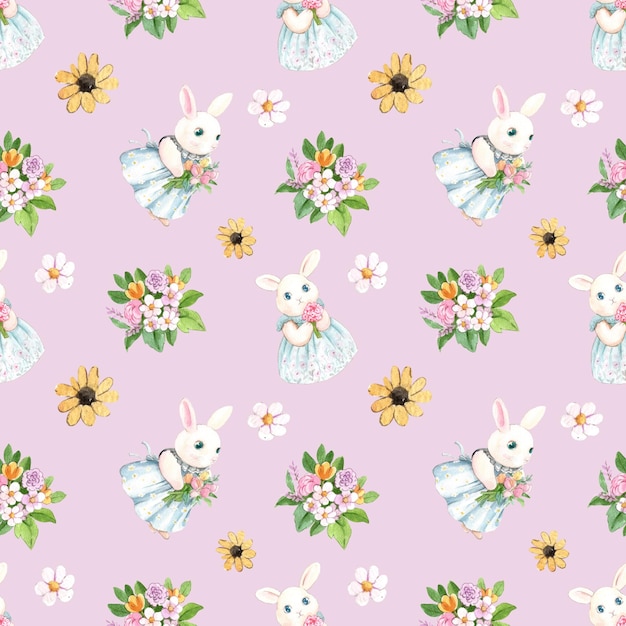 Beautiful bouquet of flowers with a rabbit in a sweet dress handdrawn watercolor seamless pattern