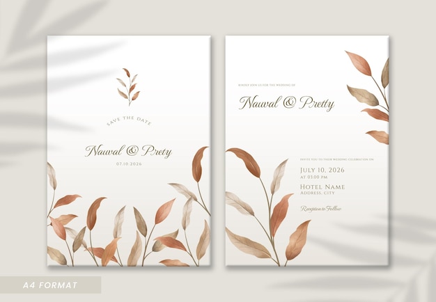 PSD beautiful brown leaves watercolor double sided wedding invitation template