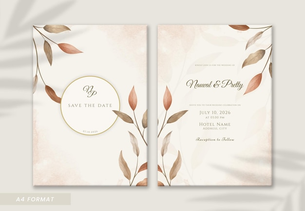 PSD beautiful brown leaves watercolor double sided wedding invitation template