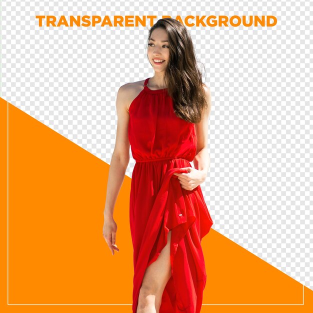 Beautiful brunette woman model in red dress with transparent background