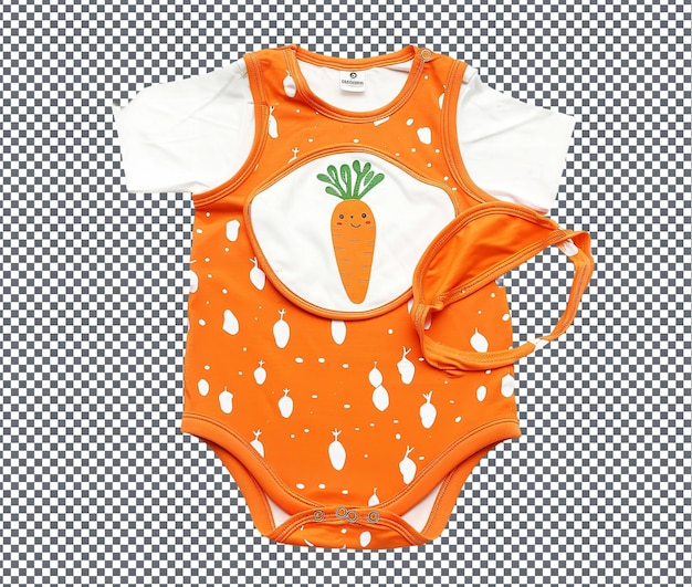 PSD beautiful carrot shaped baby onesie and bib set isolated on transparent background