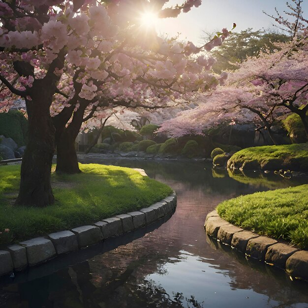 PSD beautiful cherry blossom garden landscape