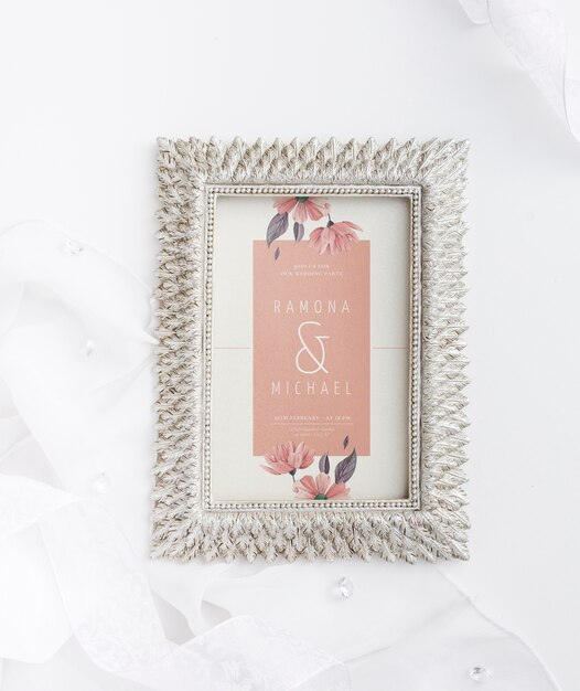 Beautiful composition of wedding elements with frame mock-up